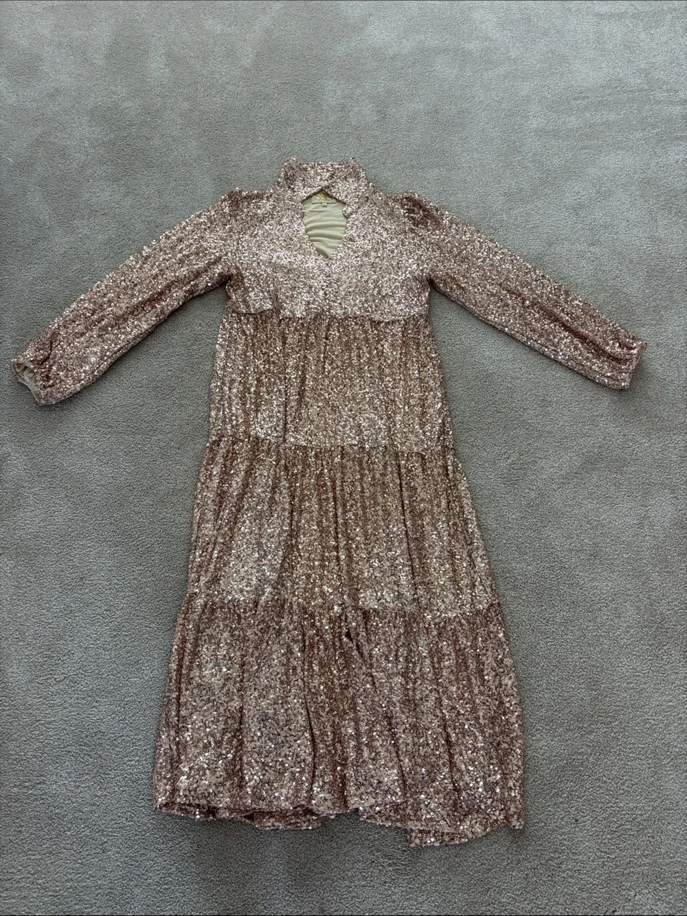SIR the label Rose Gold Sequin Tiered Long Sleeve Dress